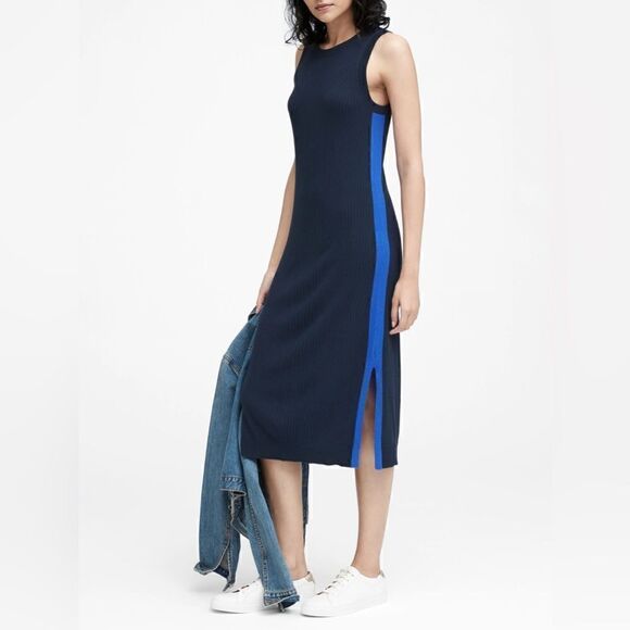 NWT Banana Republic Side-Stripe Knit Midi Dress Navy Blue S - Picture 1 of 5